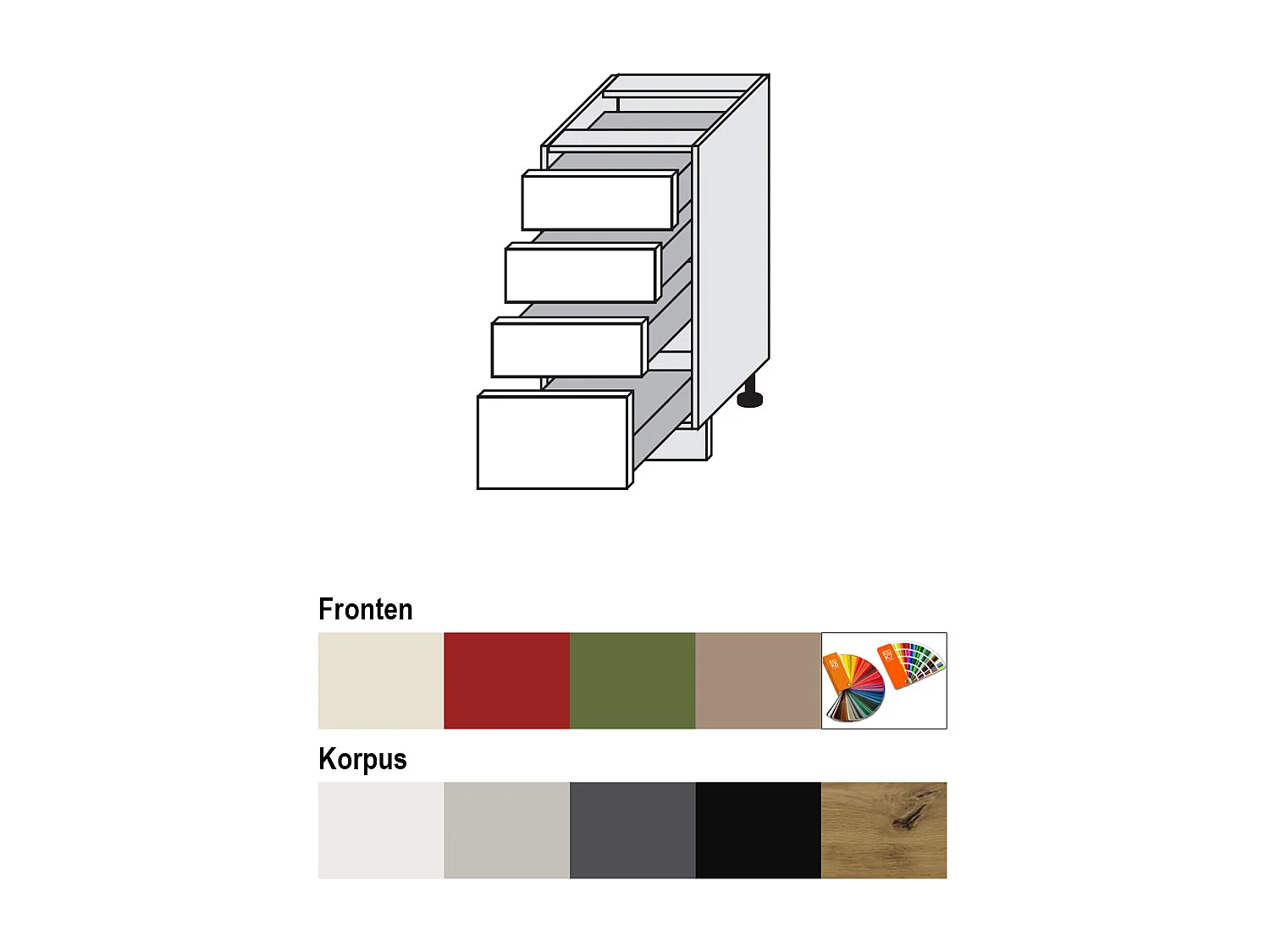 SCHUBLADENUNTERSCHRANK Brerra D4A/40 Korpus schwarz / Front RAL Wunschfarbe (K5 oder K7) 40 / 50 / 82 cm