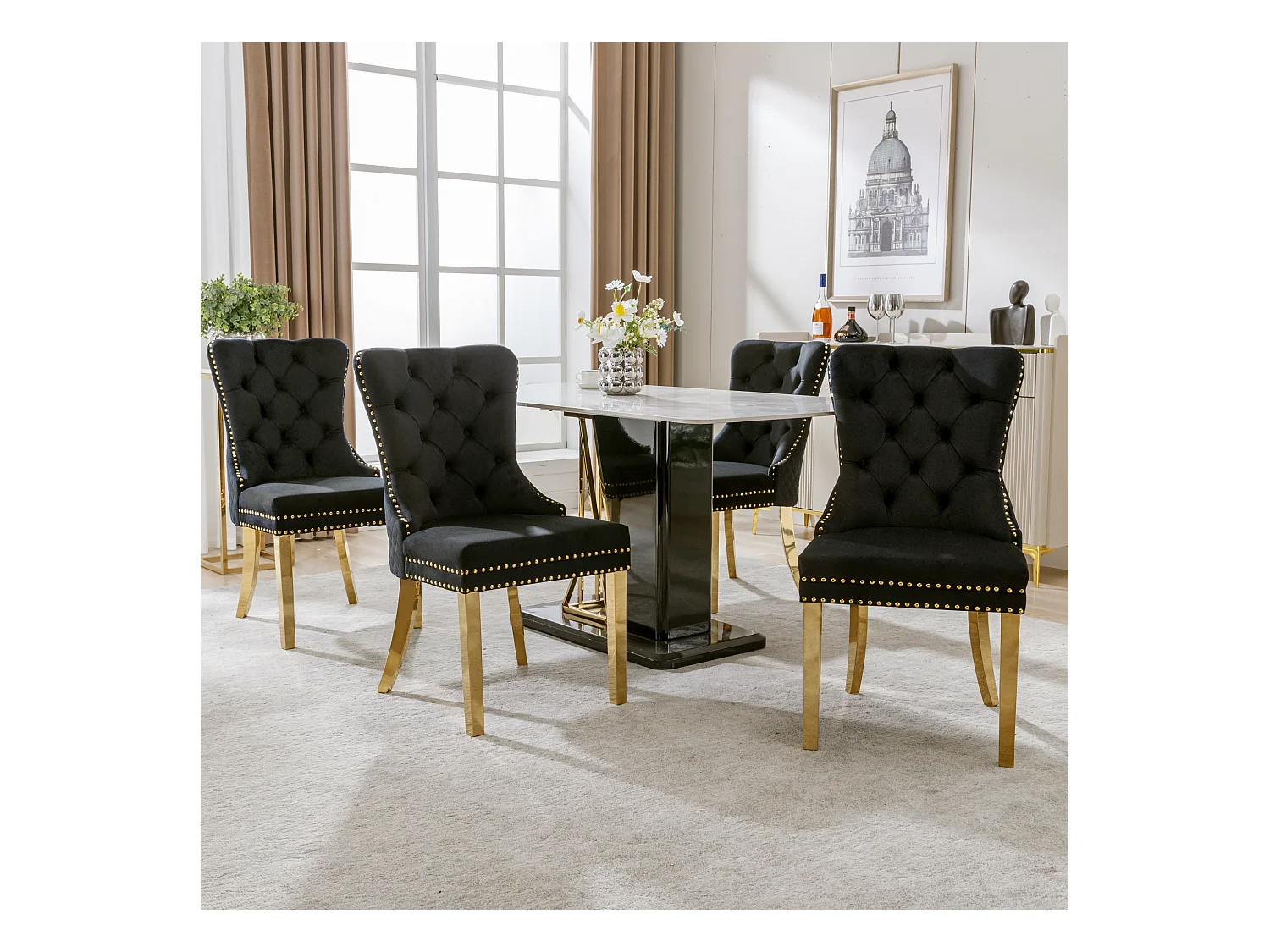 Lot de 4 chaises de salle à manger - velours noir - Chaise rembourrée avec garniture cloutée et pieds en métal doré