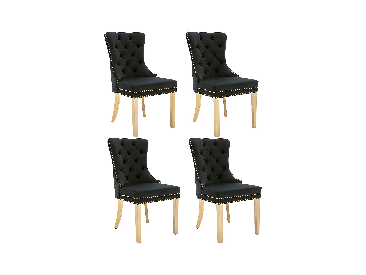 Lot de 4 chaises de salle à manger - velours noir - Chaise rembourrée avec garniture cloutée et pieds en métal doré