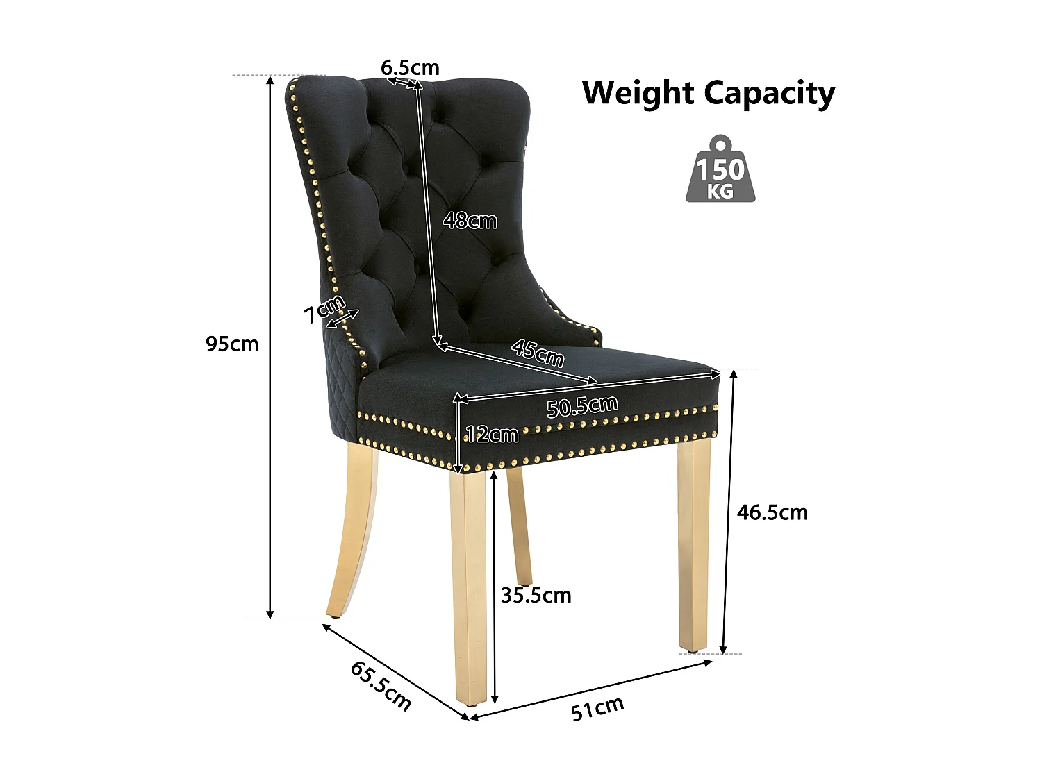 Lot de 4 chaises de salle à manger - velours noir - Chaise rembourrée avec garniture cloutée et pieds en métal doré