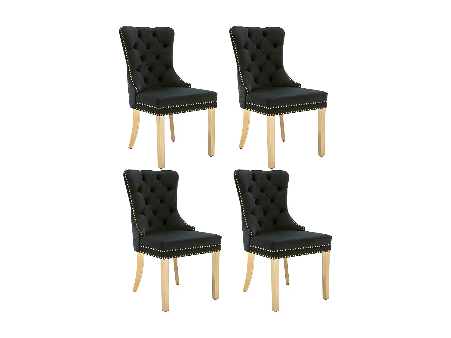 Lot de 4 chaises de salle à manger - velours noir - Chaise rembourrée avec garniture cloutée et pieds en métal doré