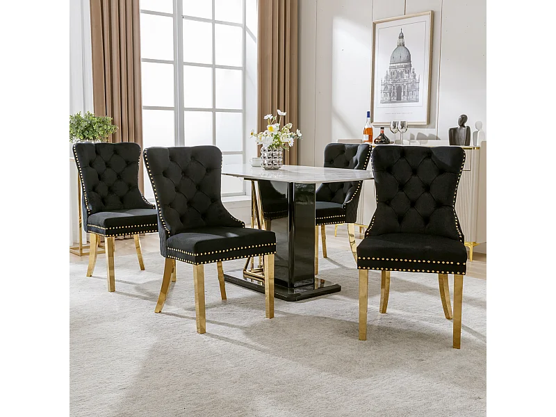Set di 4 sedie da pranzo - Velluto nero - Sedia imbottita con finiture borchiate e gambe in metallo dorato