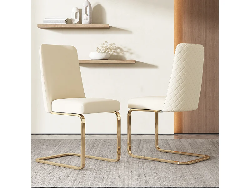 Juego de 2 sillas de comedor - terciopelo beige - con respaldo acolchado y patas de metal dorado