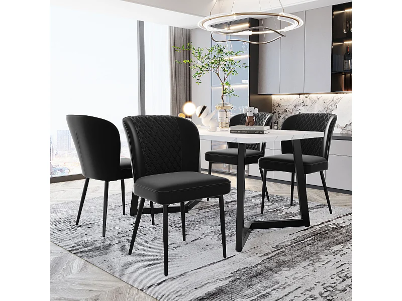 Juego de 4 sillas de comedor - terciopelo negro - con estructura de metal y respaldo acolchado