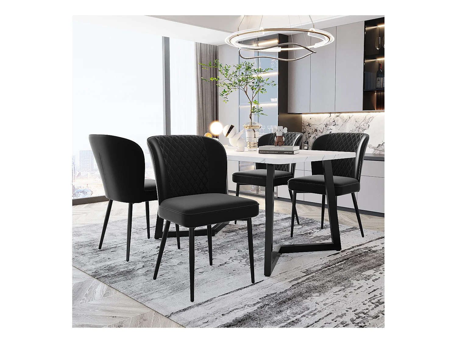 Juego de 4 sillas de comedor - terciopelo negro - con estructura de metal y respaldo acolchado