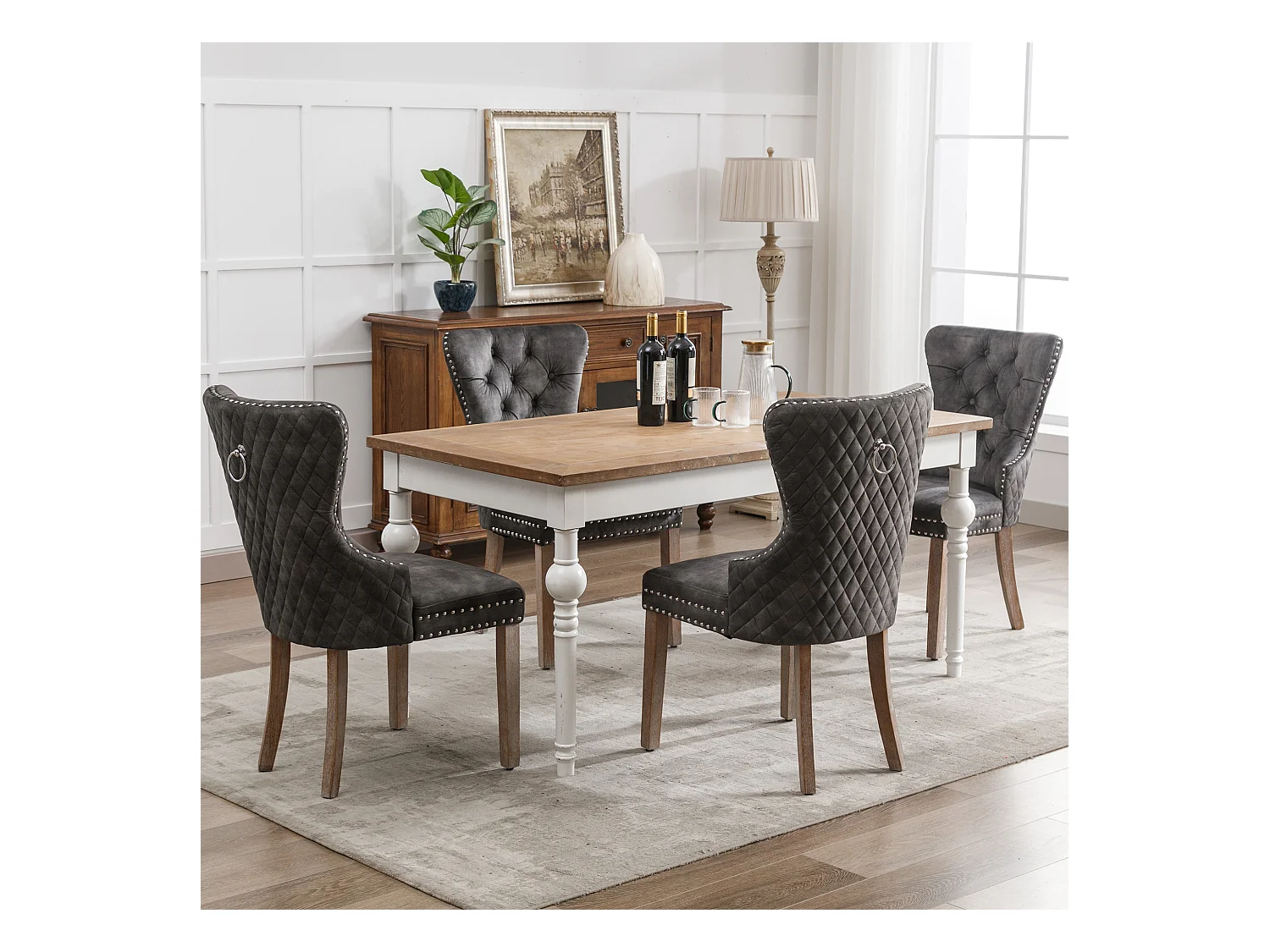 Juego de 4 sillas de comedor - silla tapizada con patas ajustables - terciopelo gris - para dormitorio y salón