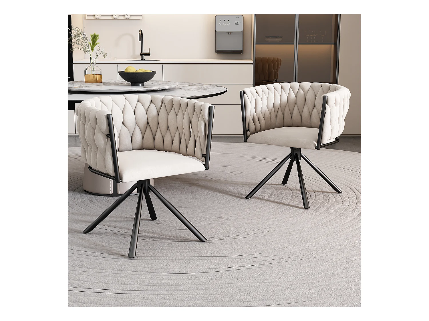 Lot de 2 chaises de salle à manger pivotantes - velours beige - avec accoudoirs rembourrés et pieds en métal