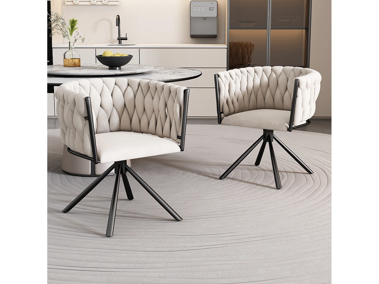 Lot de 2 chaises de salle à manger pivotantes - velours beige - avec accoudoirs rembourrés et pieds en métal