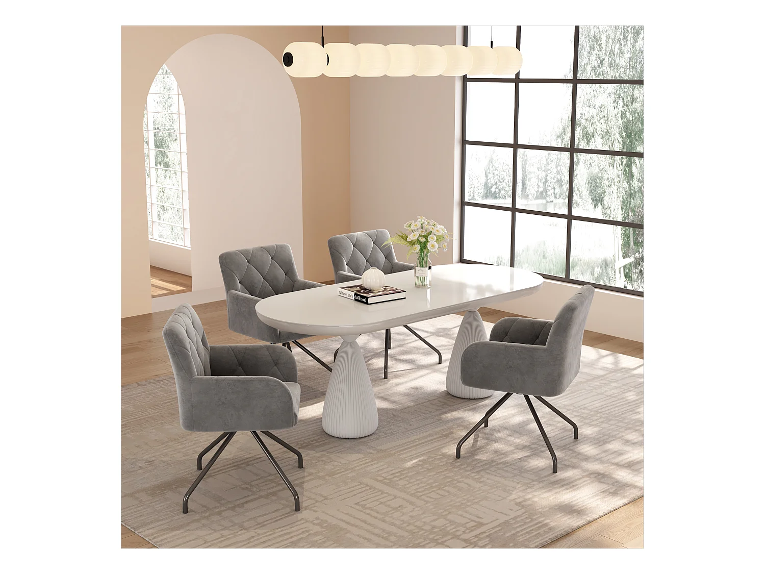 Lot de 4 chaises de salle à manger - velours gris clair - dossier incurvé et pieds en métal - pour salon et chambre