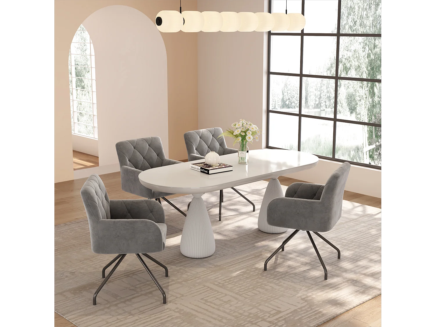 Lot de 4 chaises de salle à manger - velours gris clair - dossier incurvé et pieds en métal - pour salon et chambre