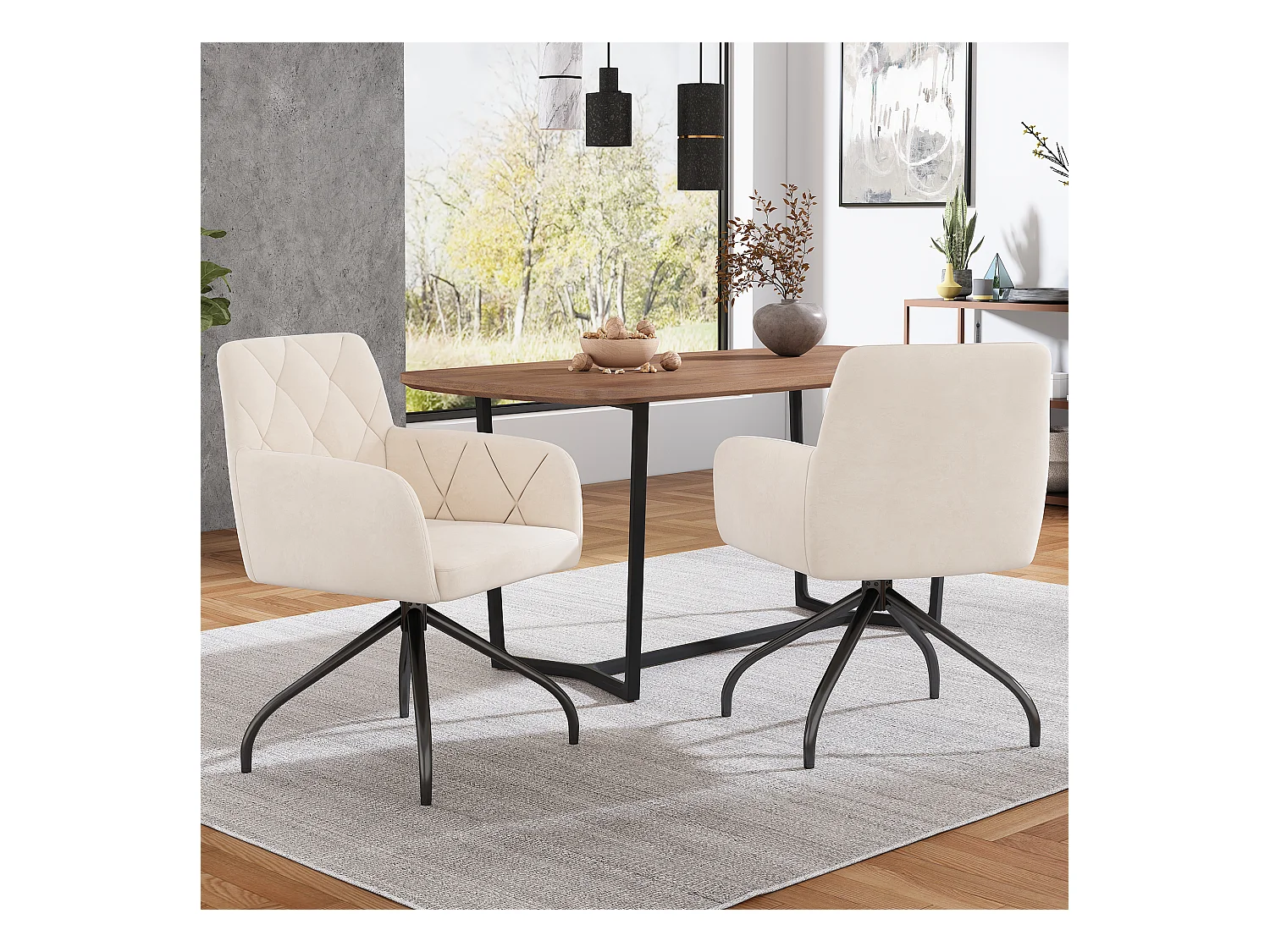 Lot de 2 chaises de salle à manger - velours beige - avec accoudoirs et fonction pivotante - pieds en métal