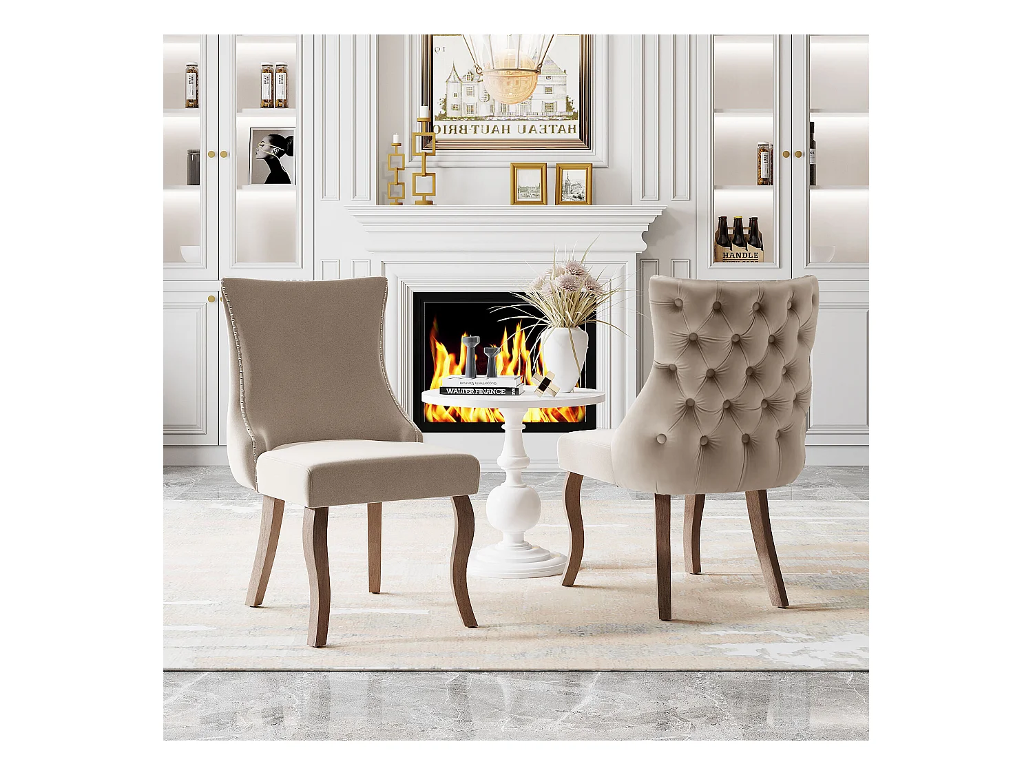 Juego de 2 sillas de comedor - terciopelo beige - con respaldo abotonado y patas de madera