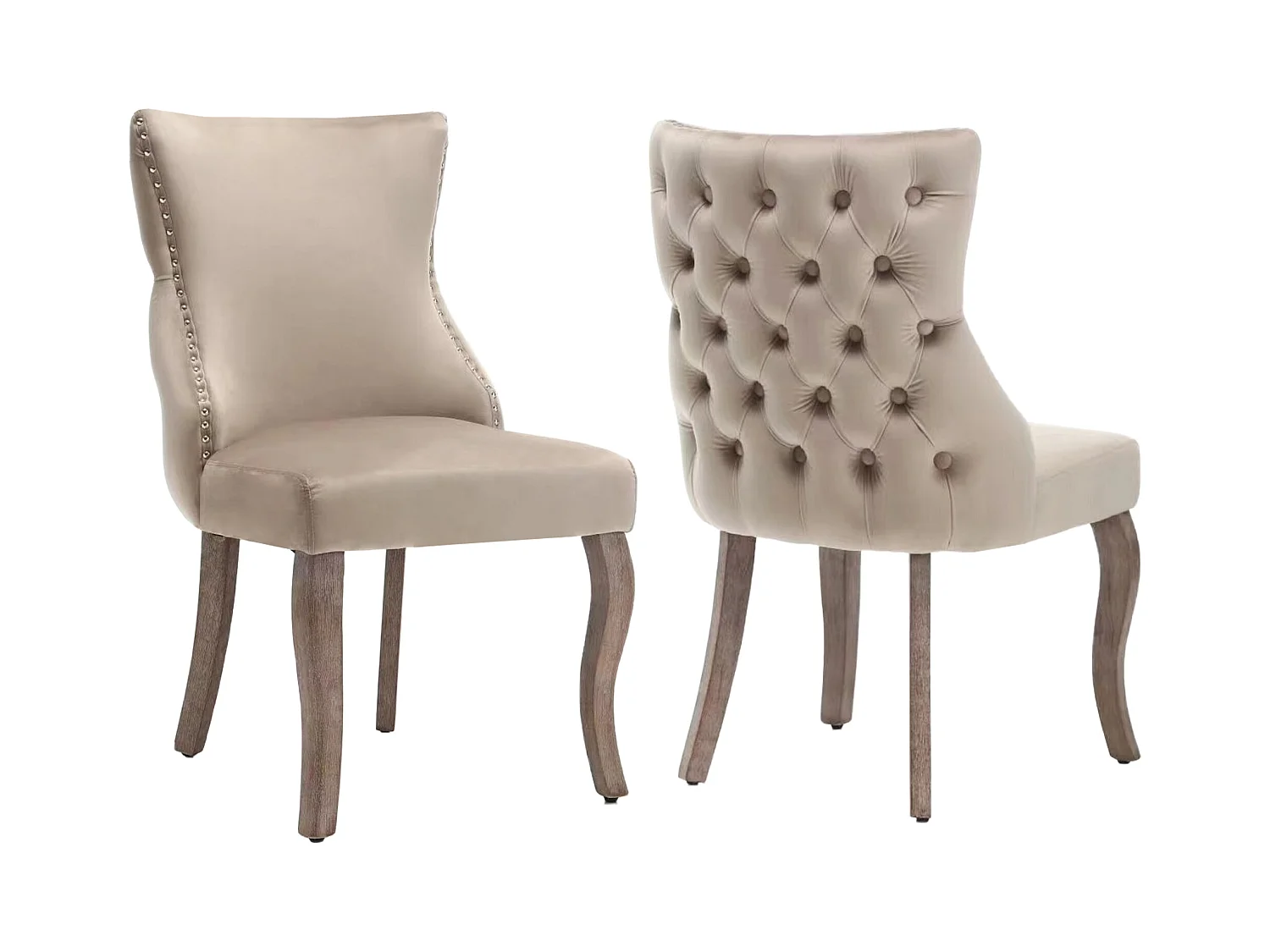 Juego de 2 sillas de comedor - terciopelo beige - con respaldo abotonado y patas de madera