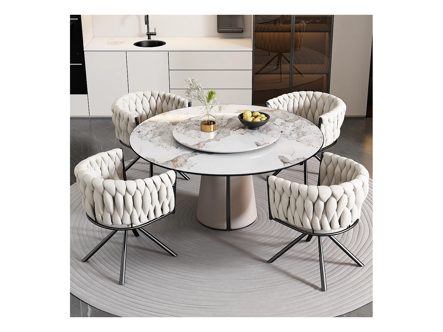 Lot de 4 chaises de salle à manger pivotantes - velours beige - avec dossier rembourré et pieds en métal