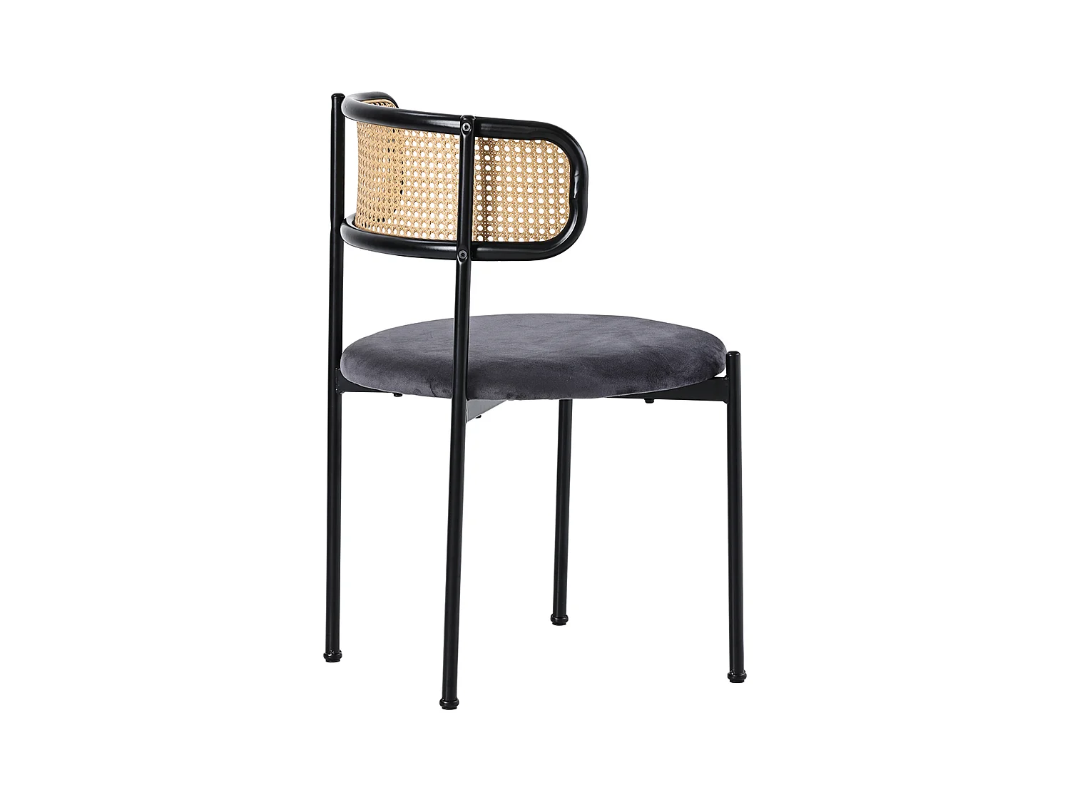 Lot de 2 chaises de salle à manger - velours gris - avec quatre pieds en métal - dossier en rotin