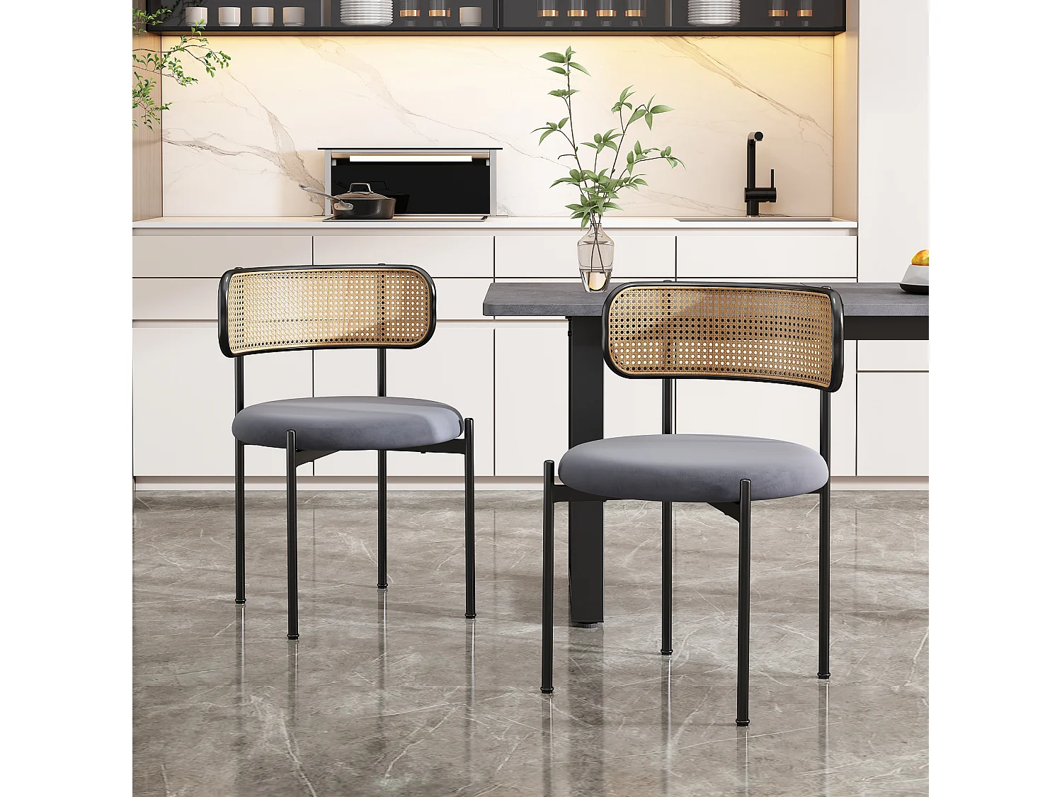 Lot de 2 chaises de salle à manger - velours gris - avec quatre pieds en métal - dossier en rotin