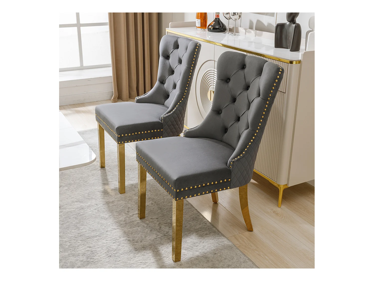 Lot de 2 chaises de salle à manger - velours gris - Chaise rembourrée avec garniture cloutée et pieds en métal doré