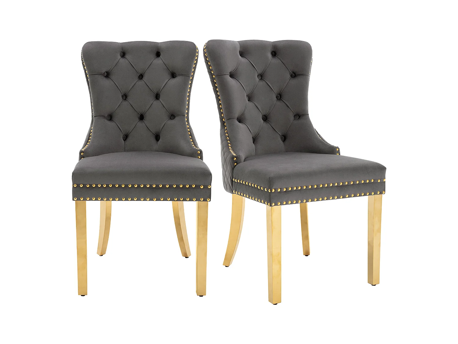 Lot de 2 chaises de salle à manger - velours gris - Chaise rembourrée avec garniture cloutée et pieds en métal doré