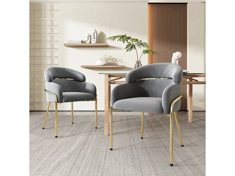 Juego de 2 sillas de comedor - terciopelo gris - silla con respaldo y patas de metal - para dormitorio y salón