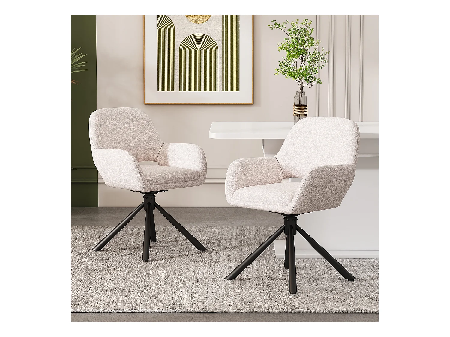 Juego de 2 sillas de comedor - tela sherpa blanca - con reposabrazos y función giratoria