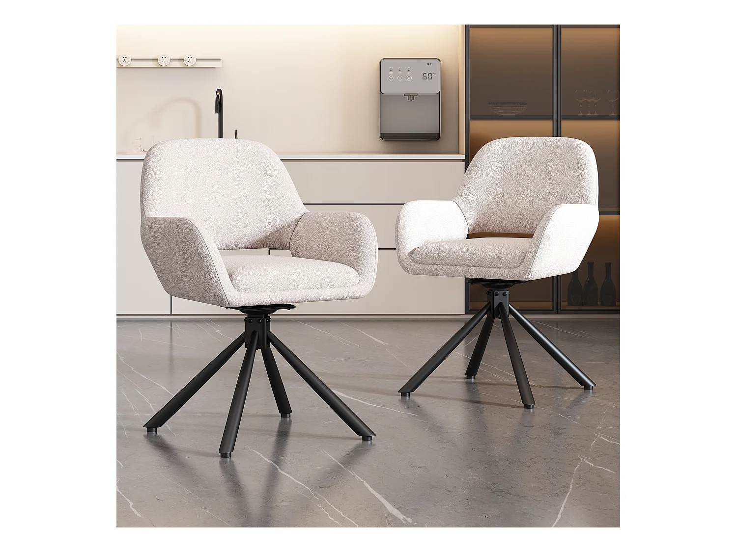 Juego de 2 sillas de comedor - tela sherpa blanca - con reposabrazos y función giratoria