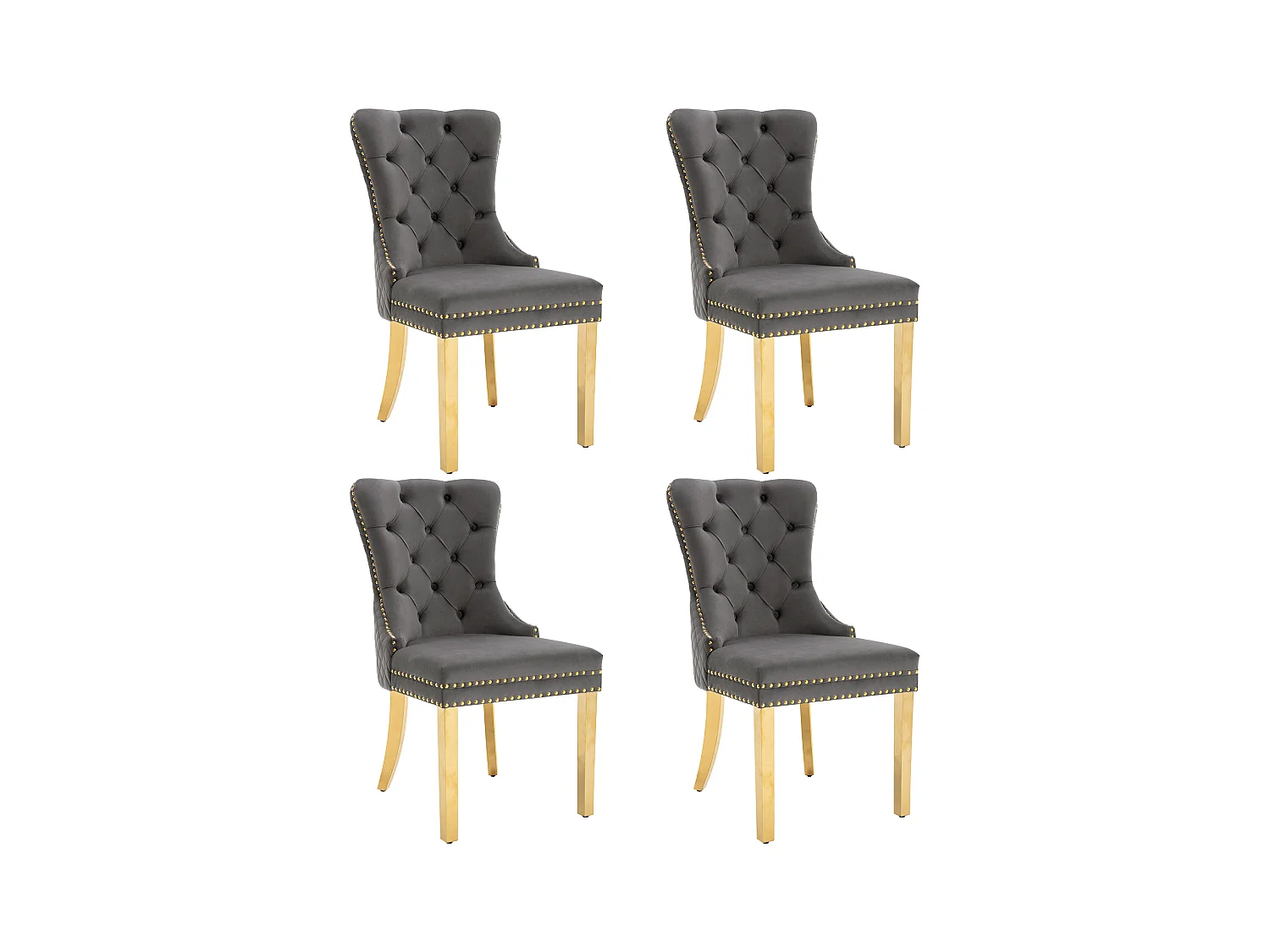 Lot de 4 chaises de salle à manger - velours gris - Chaise rembourrée avec garniture cloutée et pieds en métal doré