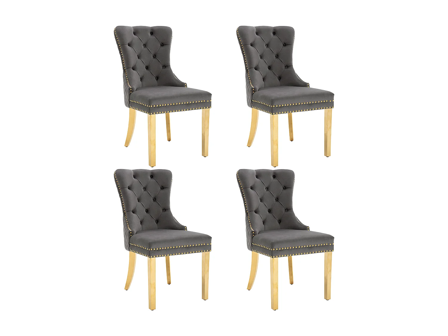 Lot de 4 chaises de salle à manger - velours gris - Chaise rembourrée avec garniture cloutée et pieds en métal doré