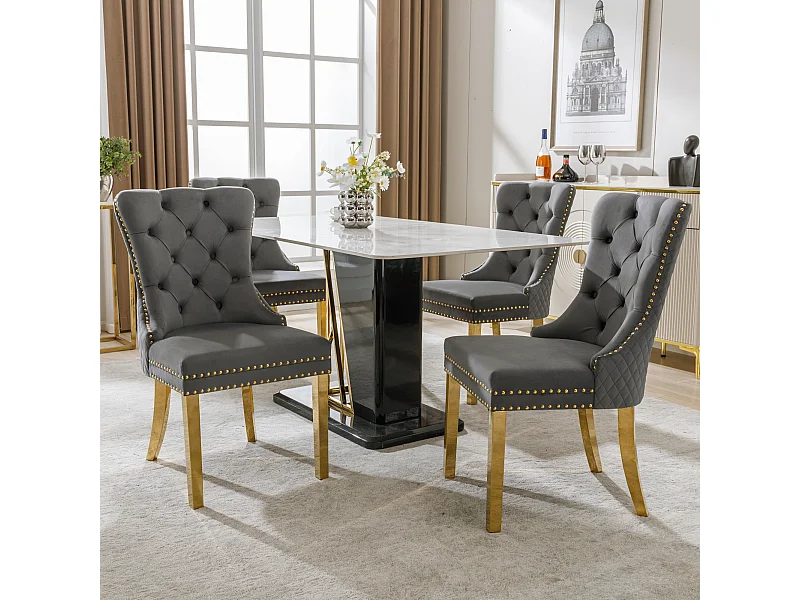 Set di 4 sedie da pranzo - Velluto grigio - Sedia imbottita con finiture borchiate e gambe in metallo dorato