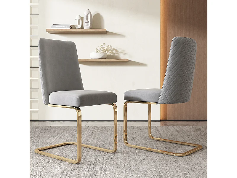 Juego de 2 sillas de comedor - terciopelo gris - con respaldo acolchado y patas de metal dorado