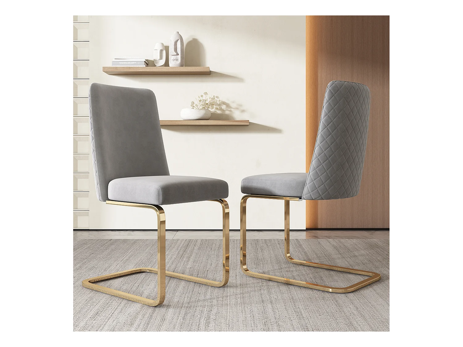 Lot de 2 chaises de salle à manger - velours gris - avec dossier rembourré et pieds en métal doré