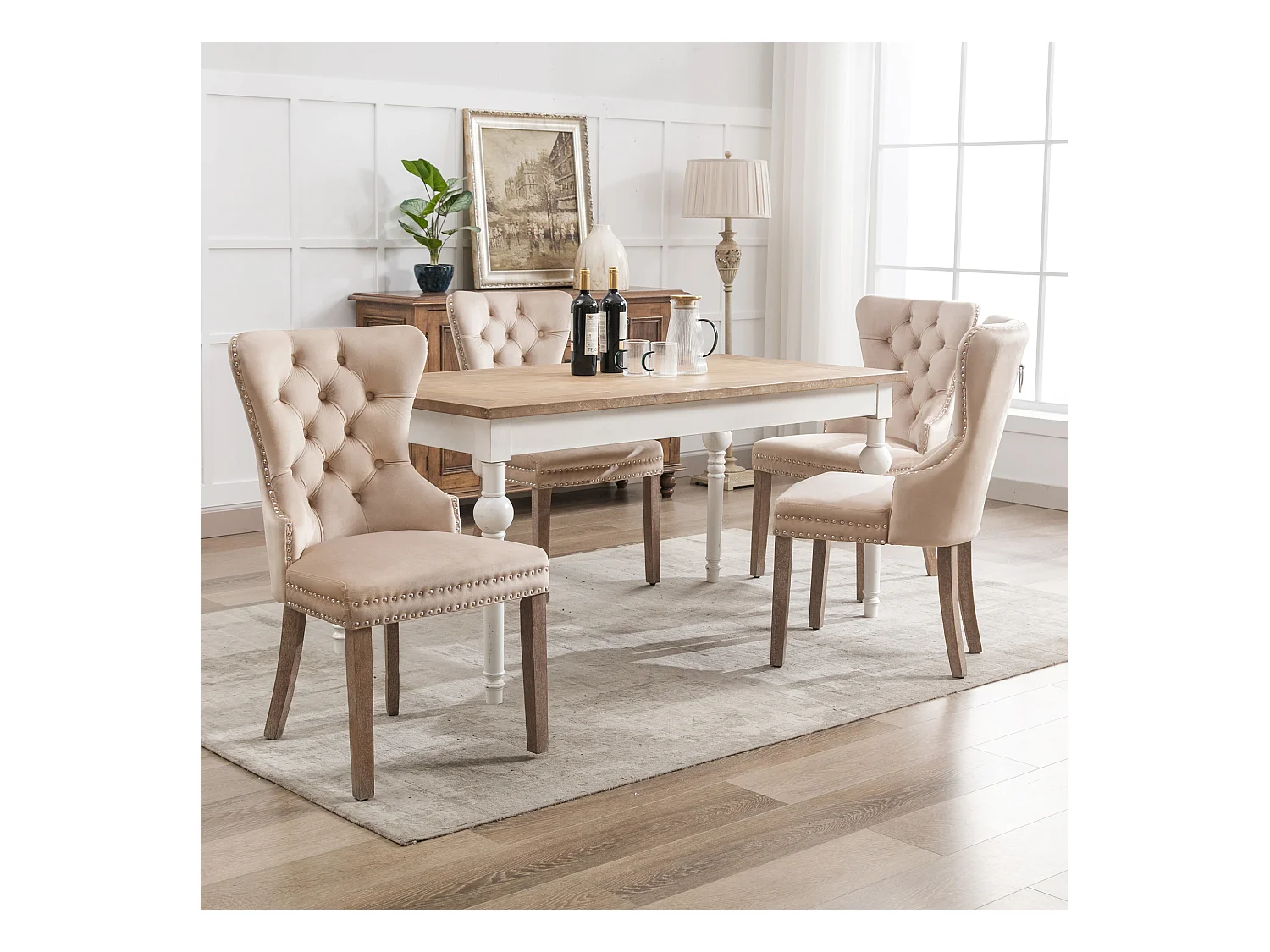Juego de 4 sillas de comedor - silla tapizada con patas ajustables - terciopelo beige - para dormitorio y salón