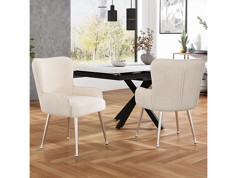 Lot de 2 chaises de salle à manger en velours - avec accoudoirs et pieds en métal argenté - beige