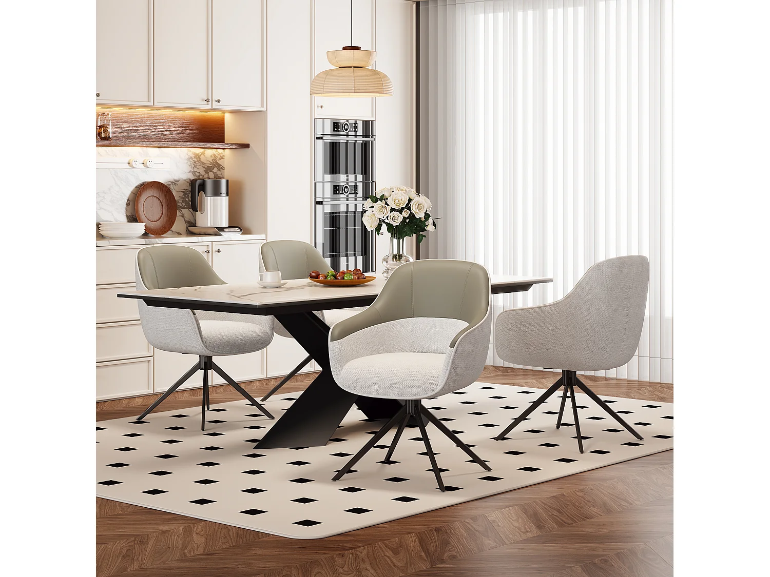 Lot de 4 chaises de salle à manger - Chaise pivotante avec dossier et accoudoirs - similicuir et tissu beige