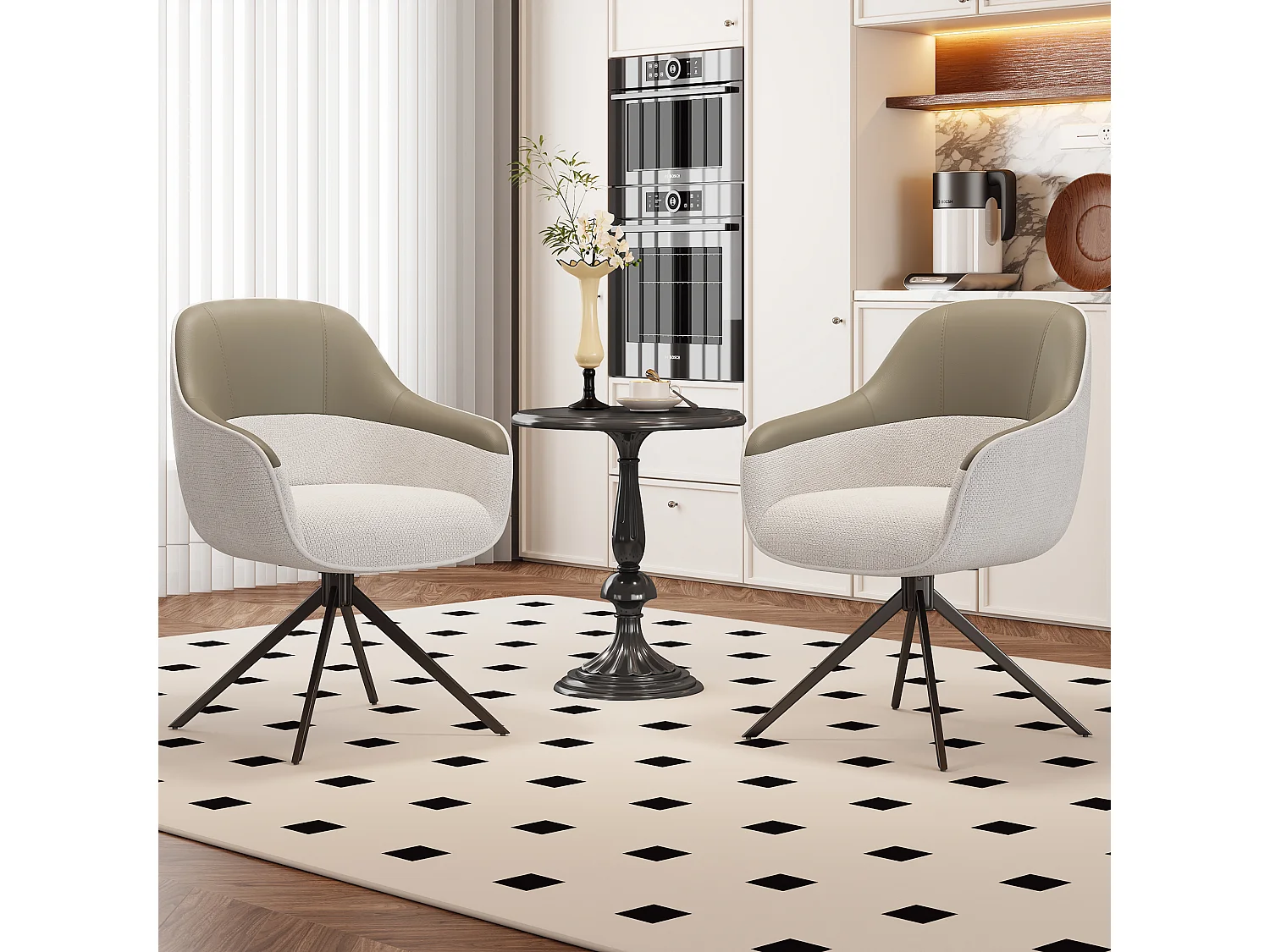 Lot de 4 chaises de salle à manger - Chaise pivotante avec dossier et accoudoirs - similicuir et tissu beige