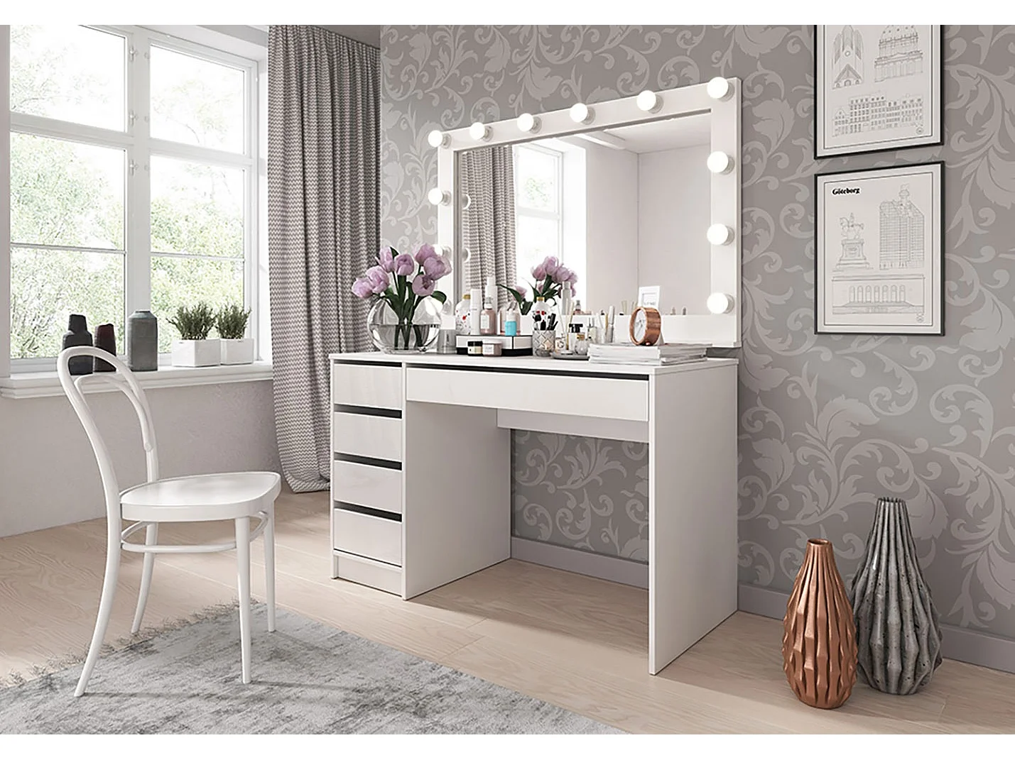 SCHMINKTISCH Ada weiß / weiß hochglanz 120 cm / 55 cm / 142 cm 2-teilig