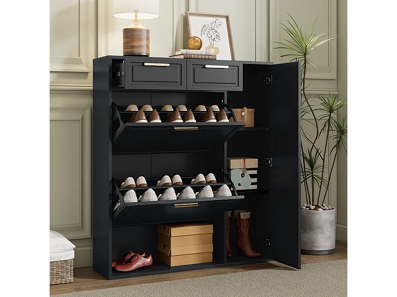 Meuble à chaussures noir - Meuble à chaussures avec 2 tiroirs et 1 porte - 2 meubles à chaussures pliants - pour salon et chambre