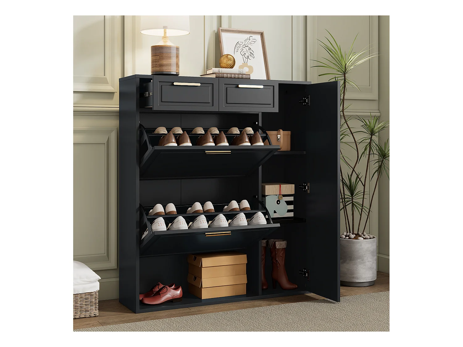 Meuble à chaussures noir - Meuble à chaussures avec 2 tiroirs et 1 porte - 2 meubles à chaussures pliants - pour salon et chambre