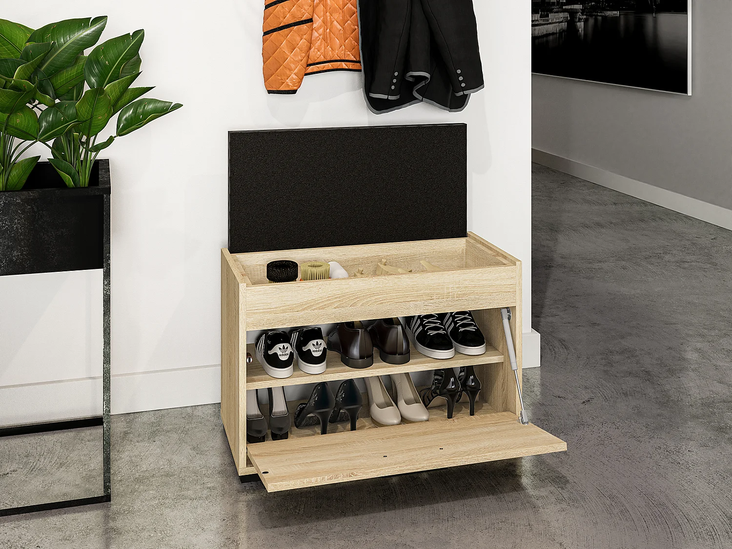 SCHUHBANK Caro Sonoma Eiche hell / schwarz 70 / 34 / 48cm