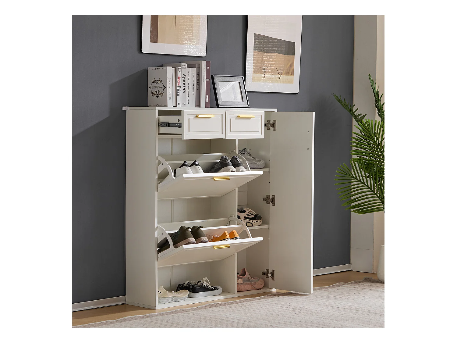 Meuble à chaussures blanc - Meuble à chaussures avec 2 tiroirs et 1 porte - 2 meubles à chaussures pliants - pour salon et chambre