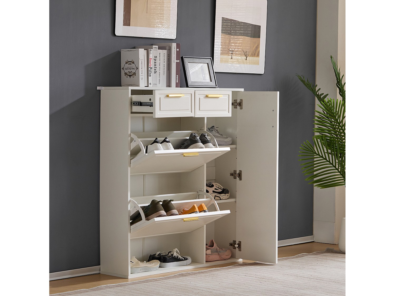 Zapatero blanco - Zapatero con 2 cajones y 1 puerta - 2 zapateros abatibles - para salón y dormitorio