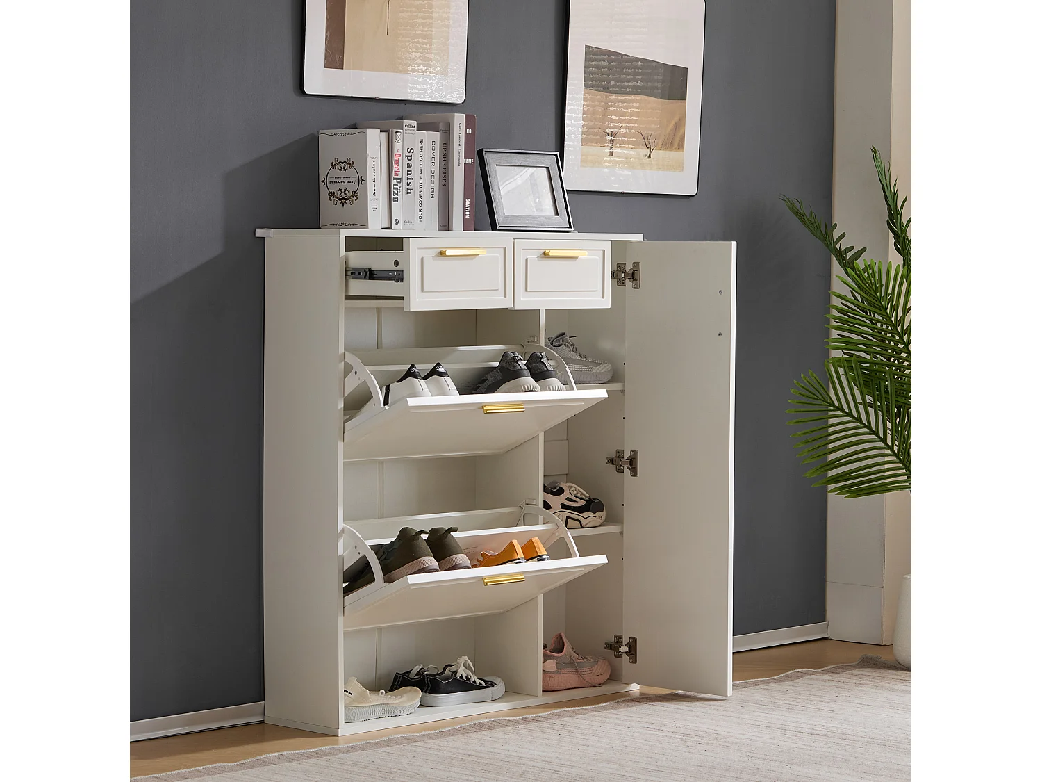 Meuble à chaussures blanc - Meuble à chaussures avec 2 tiroirs et 1 porte - 2 meubles à chaussures pliants - pour salon et chambre