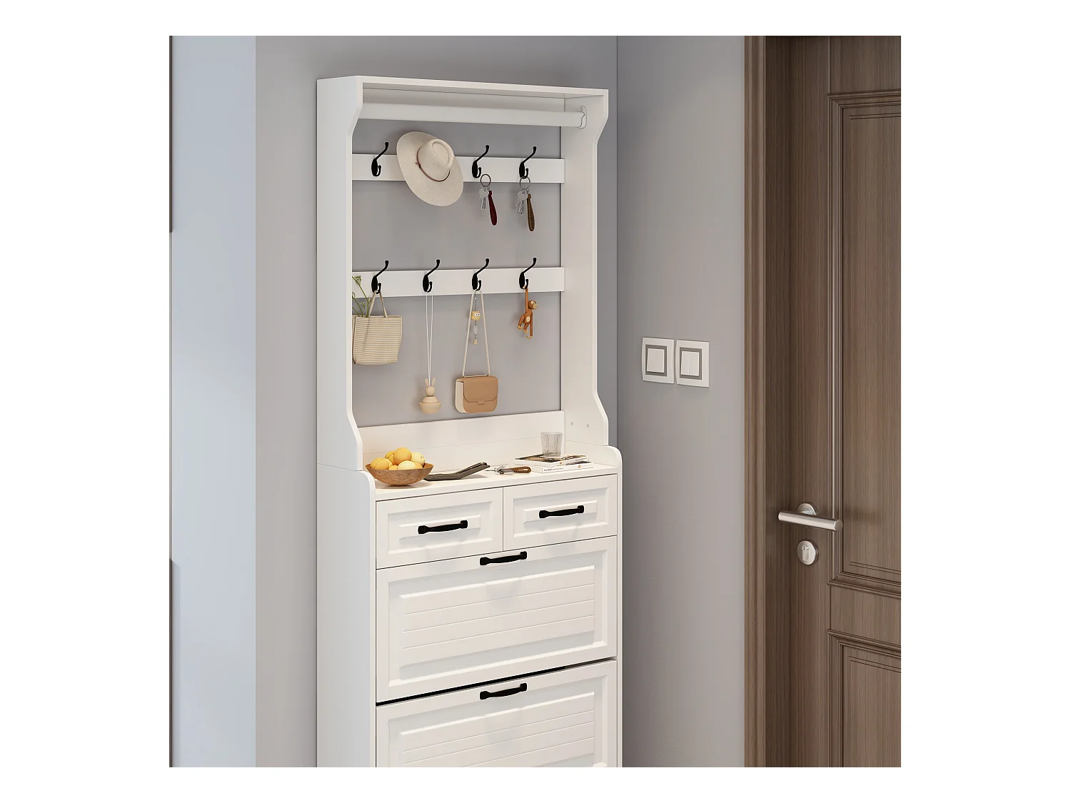 Meuble à chaussures blanc - Meuble à chaussures avec 2 tiroirs et 3 portes - 8 crochets - pour entrée et chambre