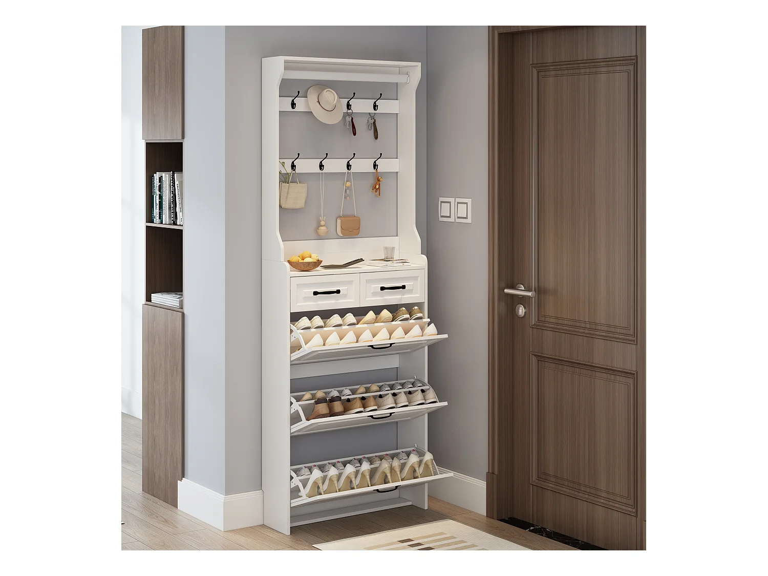 Weißer Schuhschrank - Schuhschrank mit 2 Schubladen und 3 Türen - 8 haken - für eingangsbereich und schlafzimmer