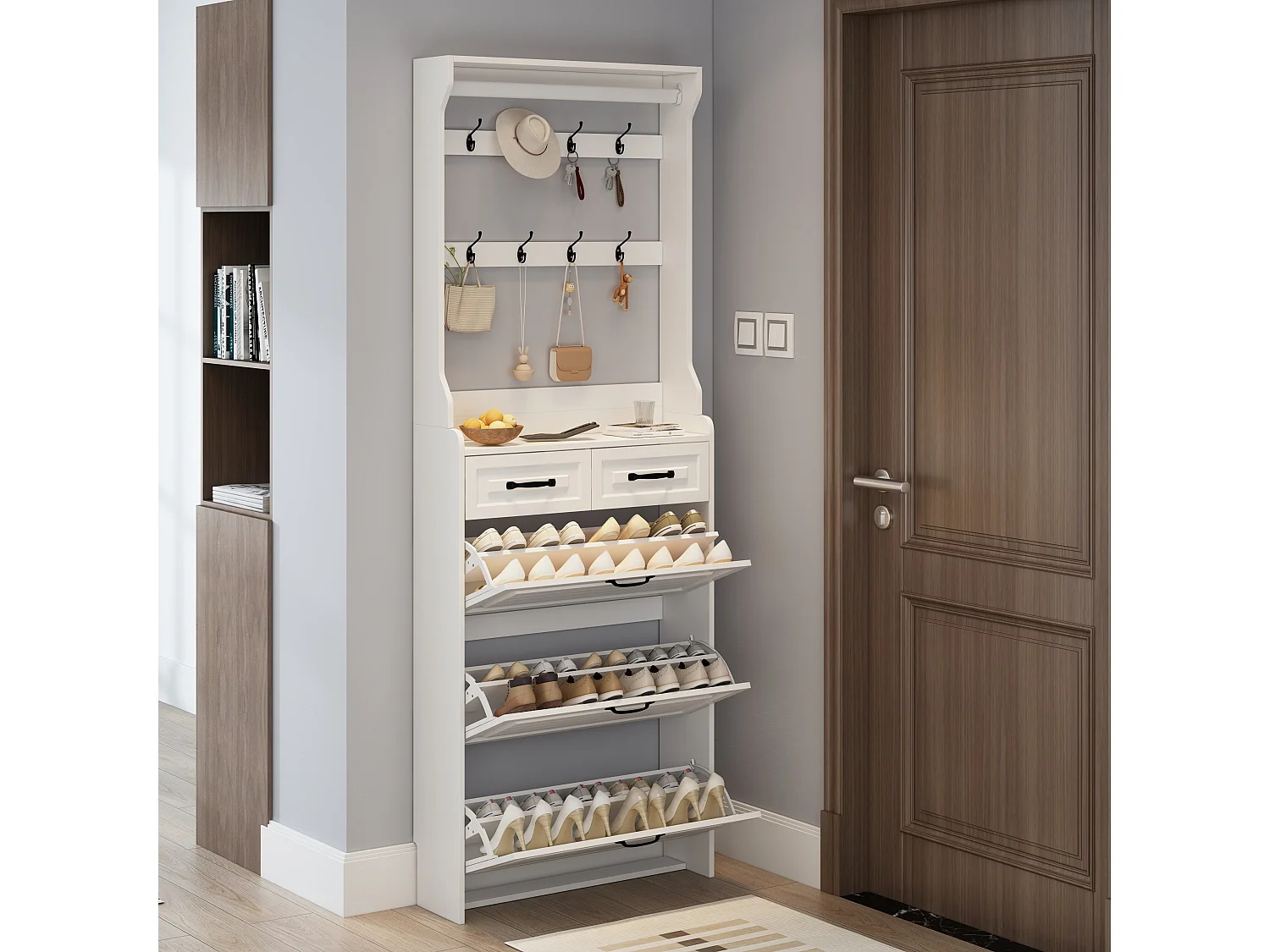 Meuble à chaussures blanc - Meuble à chaussures avec 2 tiroirs et 3 portes - 8 crochets - pour entrée et chambre