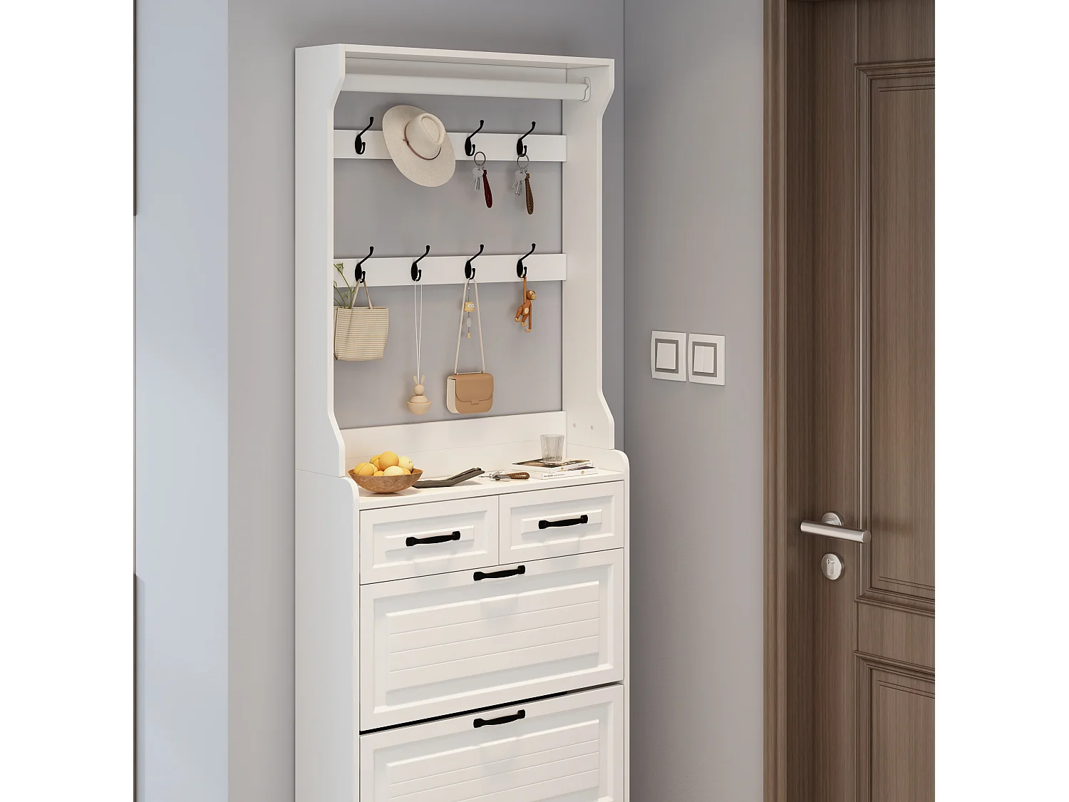Meuble à chaussures blanc - Meuble à chaussures avec 2 tiroirs et 3 portes - 8 crochets - pour entrée et chambre