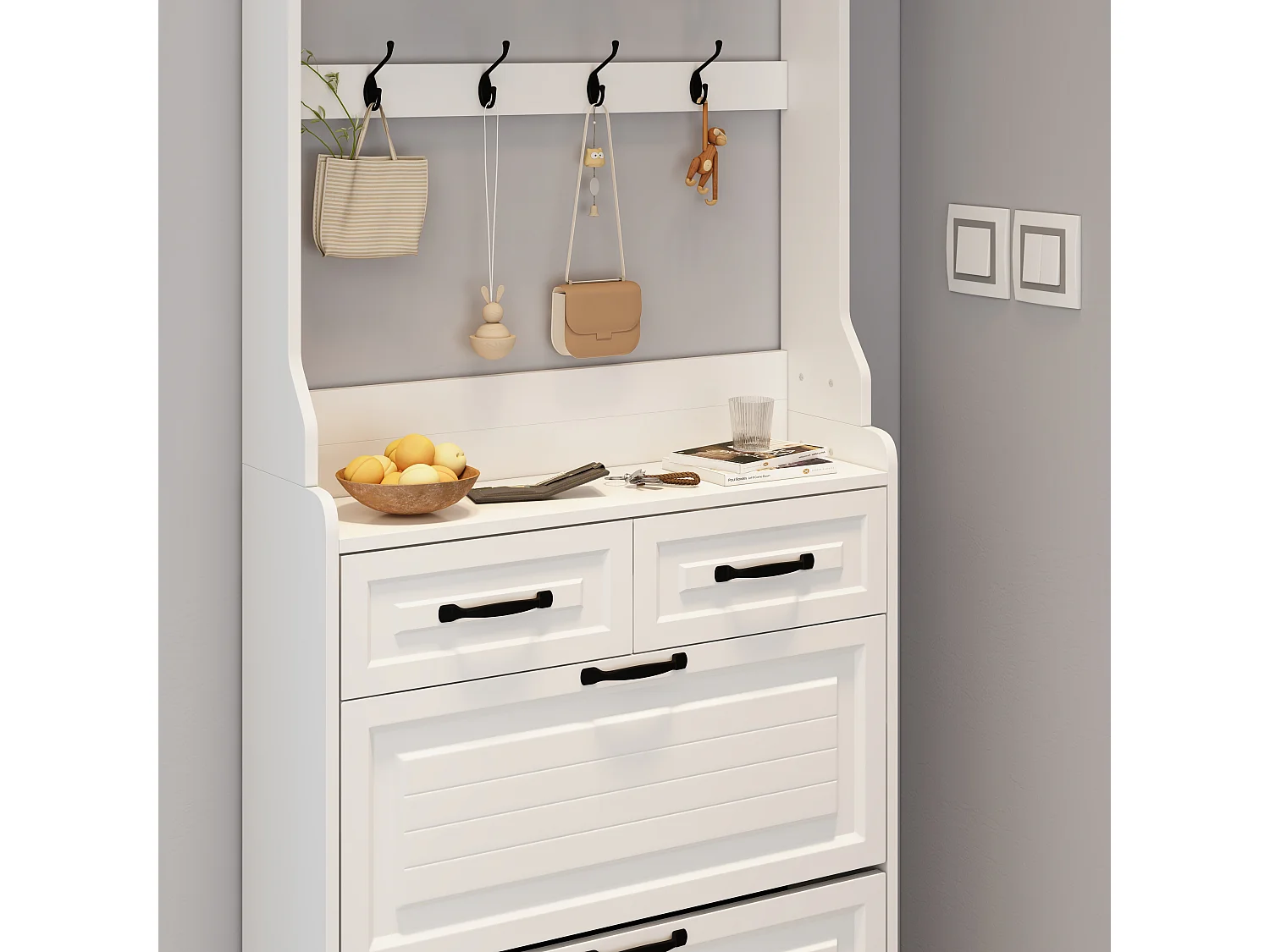 Meuble à chaussures blanc - Meuble à chaussures avec 2 tiroirs et 3 portes - 8 crochets - pour entrée et chambre