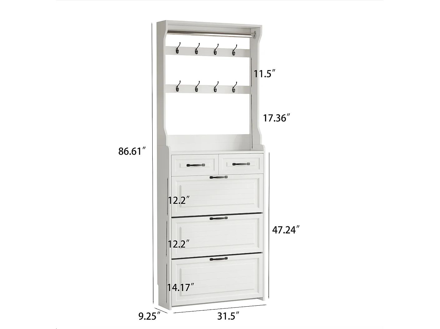 Weißer Schuhschrank - Schuhschrank mit 2 Schubladen und 3 Türen - 8 haken - für eingangsbereich und schlafzimmer
