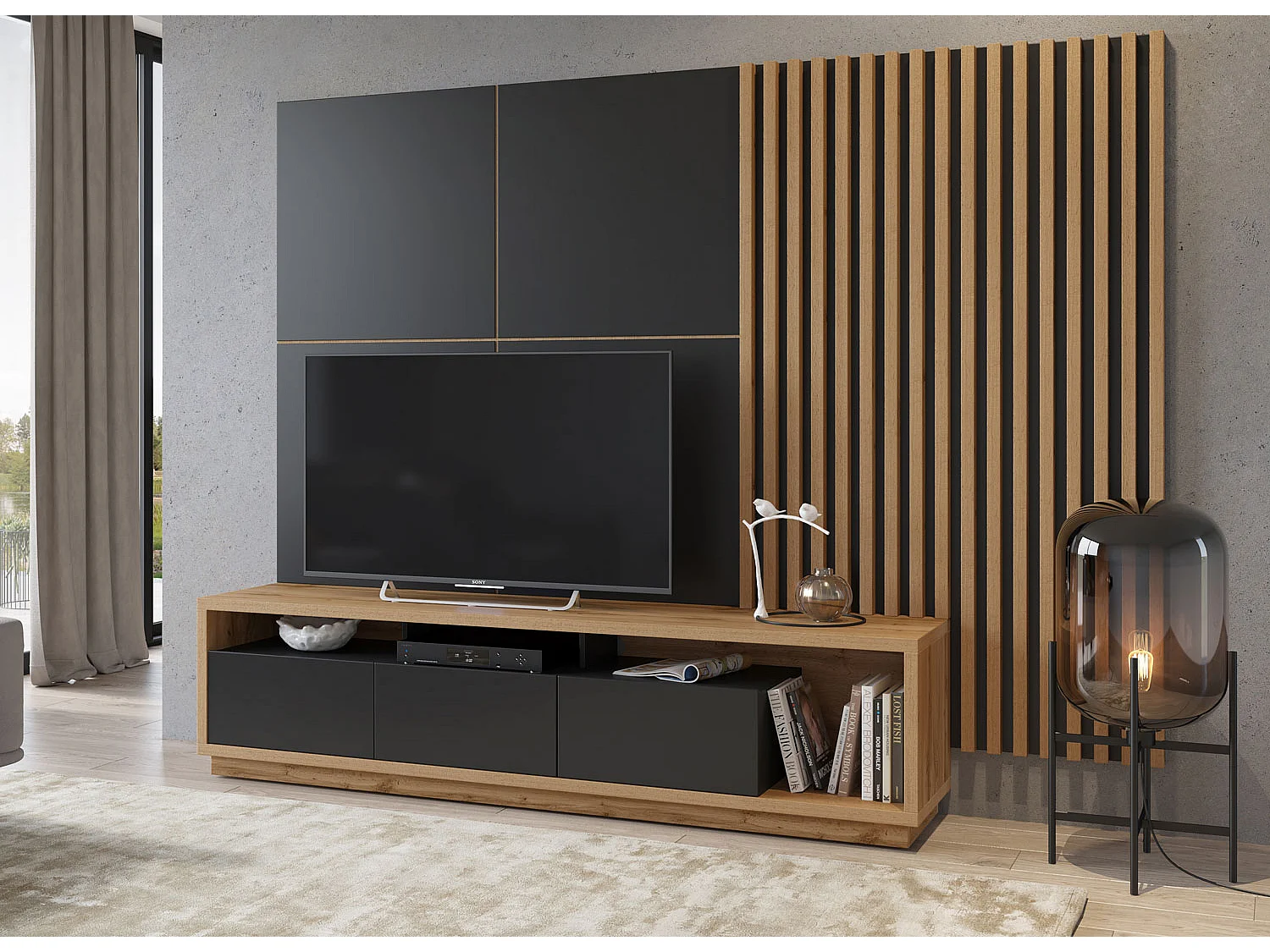 WANDPANEEL Celine Wotan Eiche / Schwarz Matt 55 / 7 / 146cm