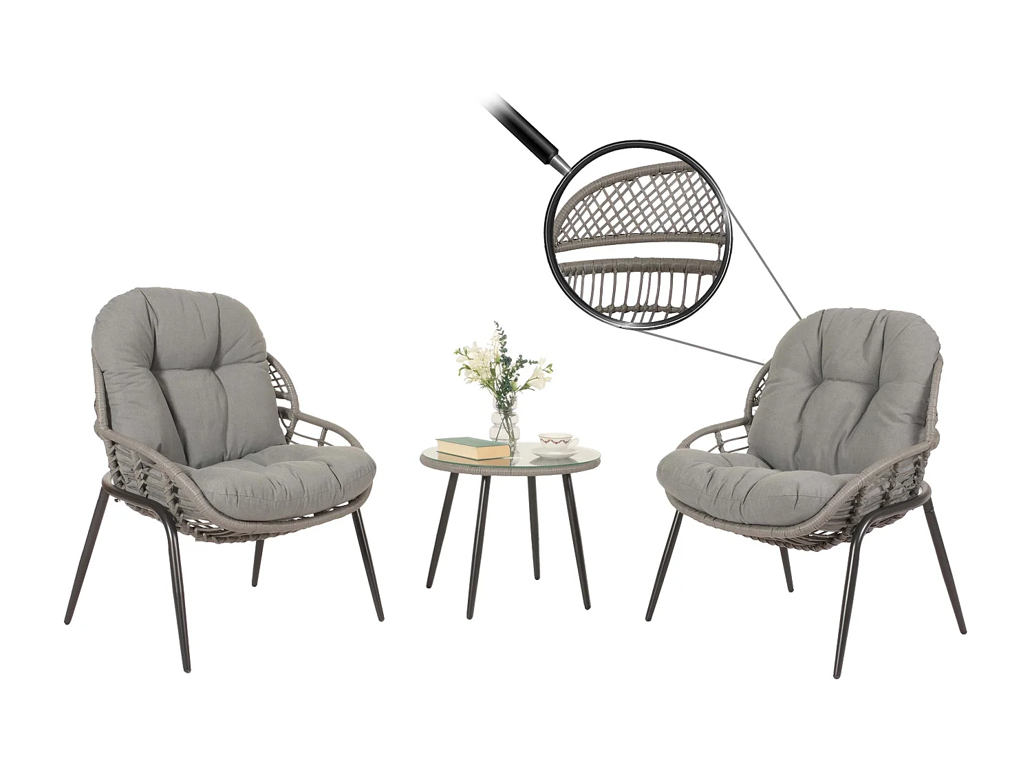 Conjunto em poli-rattan MCW-N33 (3 peças),  cinzento, estofo cinzento escuro