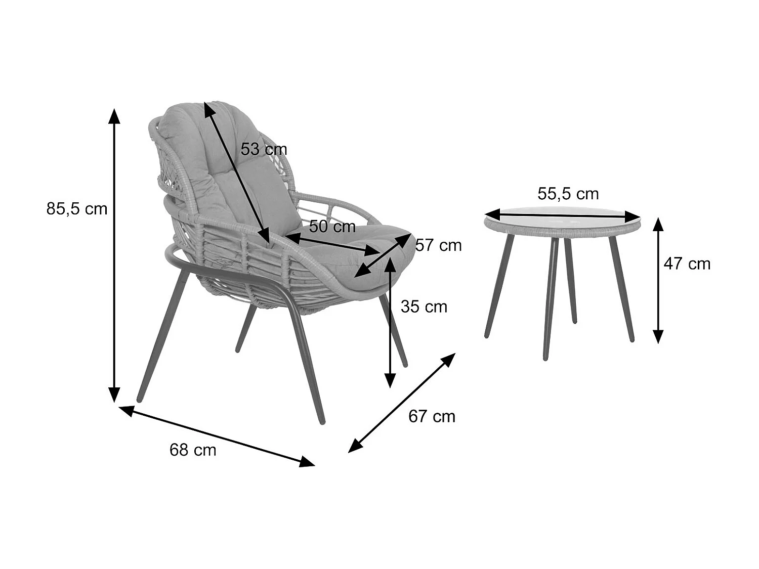 Conjunto em poli-rattan MCW-N33 (3 peças),  cinzento, estofo cinzento escuro